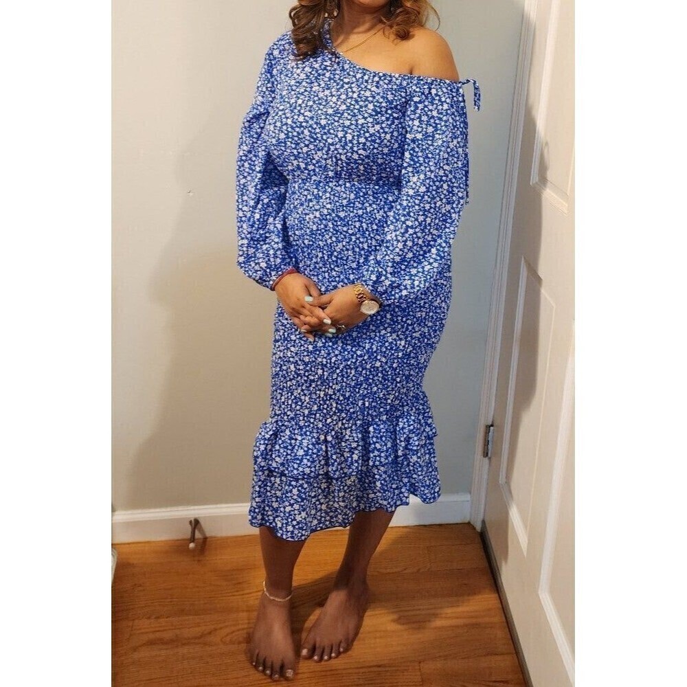 Women's Ditsy Floral Print Asymmetrical Neck Lantern Sleeve Mermaid Hem …